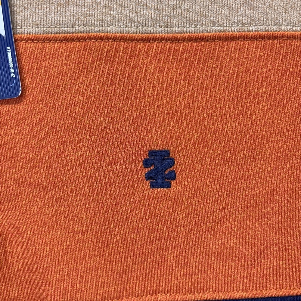 IZOD Sweatshirt Mens Small Camel Orange Navy Colorblock 1/4 Zip Stretch Fleece - Picture 4 of 13